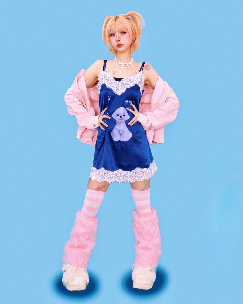 puppy lace slip-dress