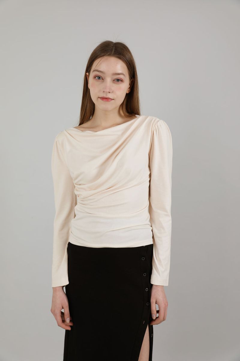 Drape Puff Shirring T-shirt Beige