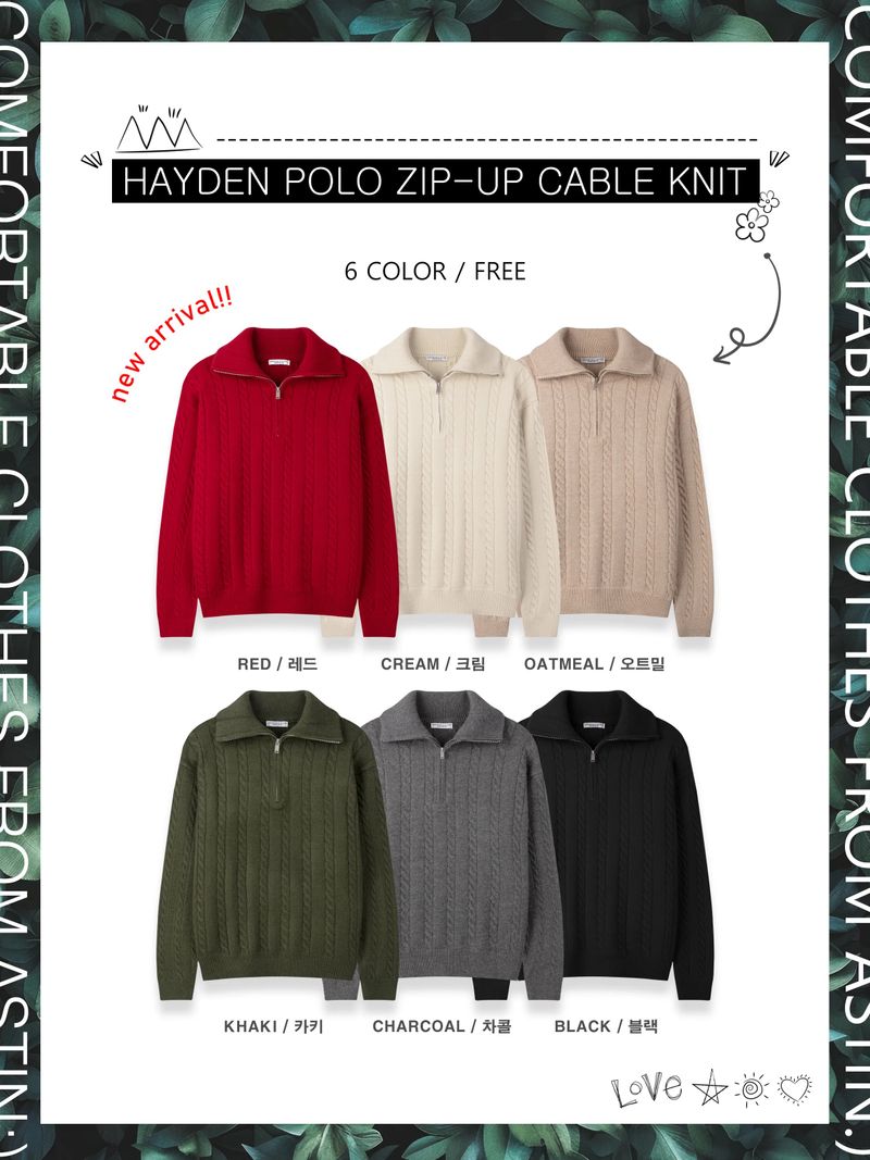 High-Neck Cable Half-Zip Up Knit 6COLOR