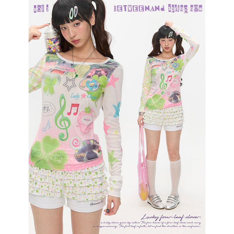 BETWEENAND（ビトゥウィーンアンド）の「BETWEENAND Summer Millennium Lucky Note Print Slim-Fit Lightweight Semi-Sheer Patchwork Long-Sleeve Top（Tops）」