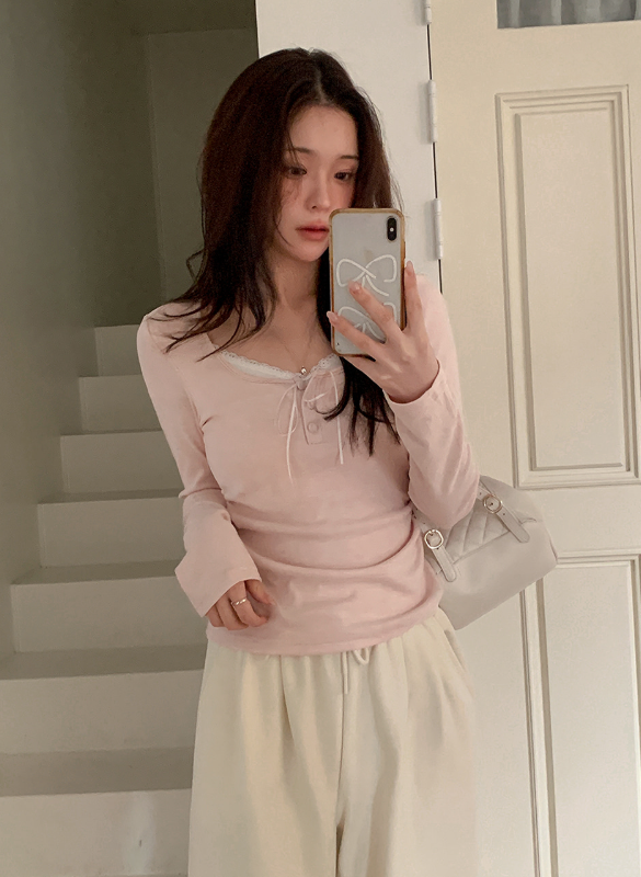 Minu Lace Layered Loose Button T-shirt (4color)