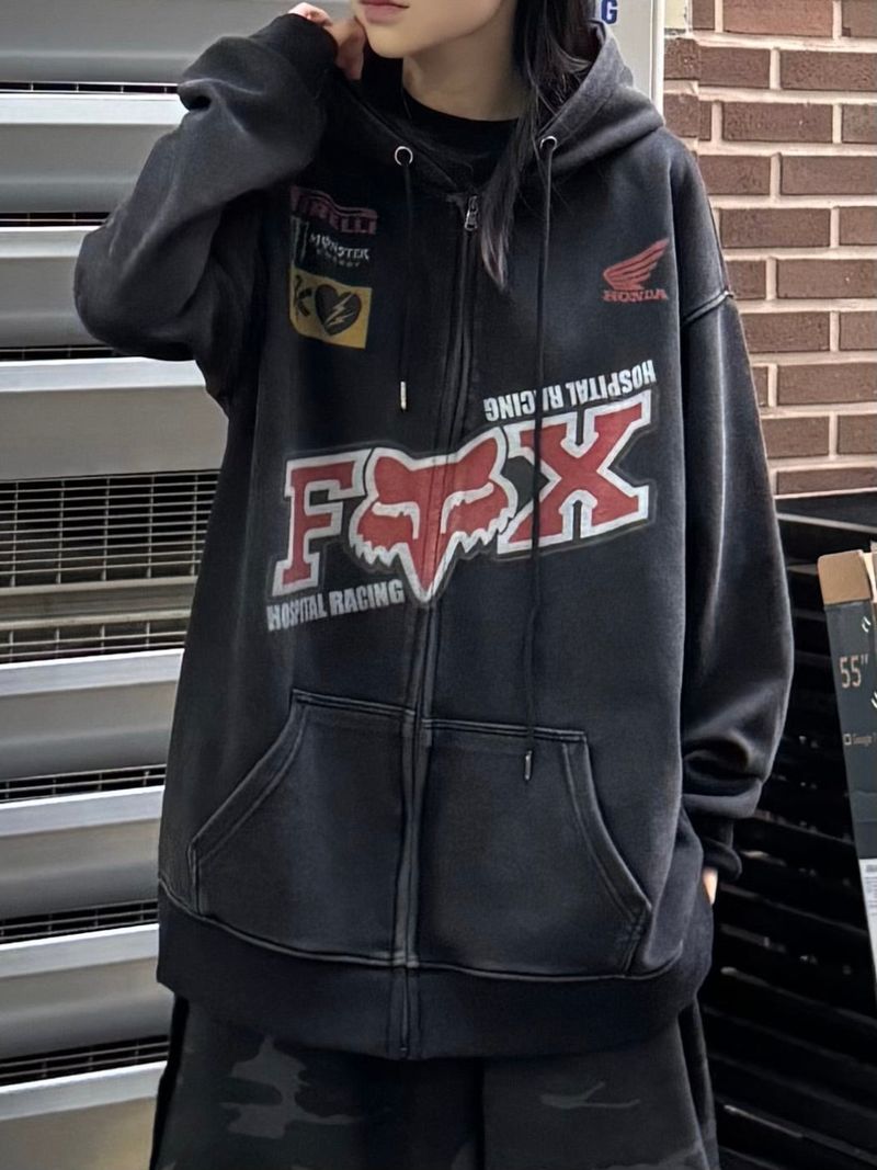 washed racing zip-up hoodie