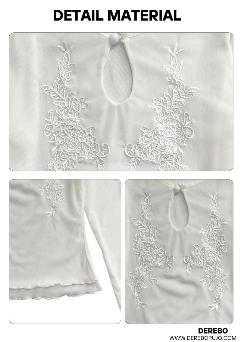 embroidered white lace long-sleeved T-shirt