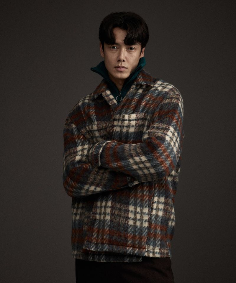 COZY HAIRY CHECK JACKET NAVY