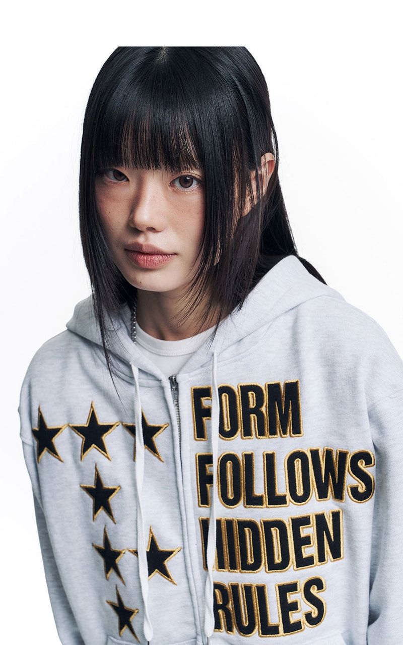 Star Lettering Patch Hoodie Zip-Up - White
