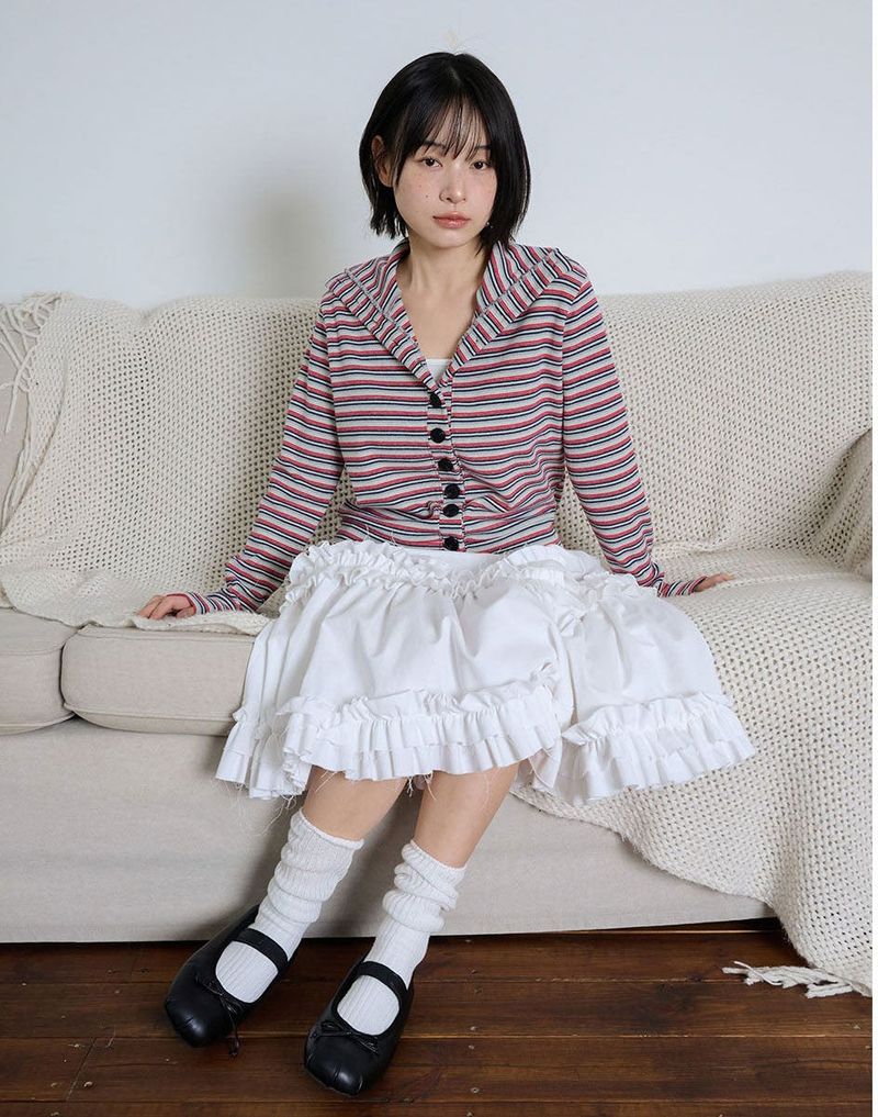 STRIPED HIGH NECK BUTTON CARDIGAN - GRAY