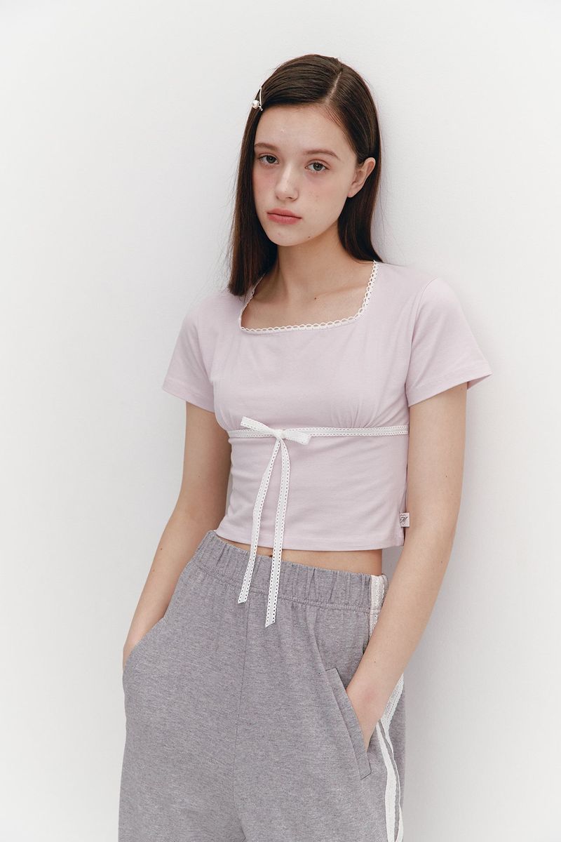 Lace Ribbon Shirring Top Pink