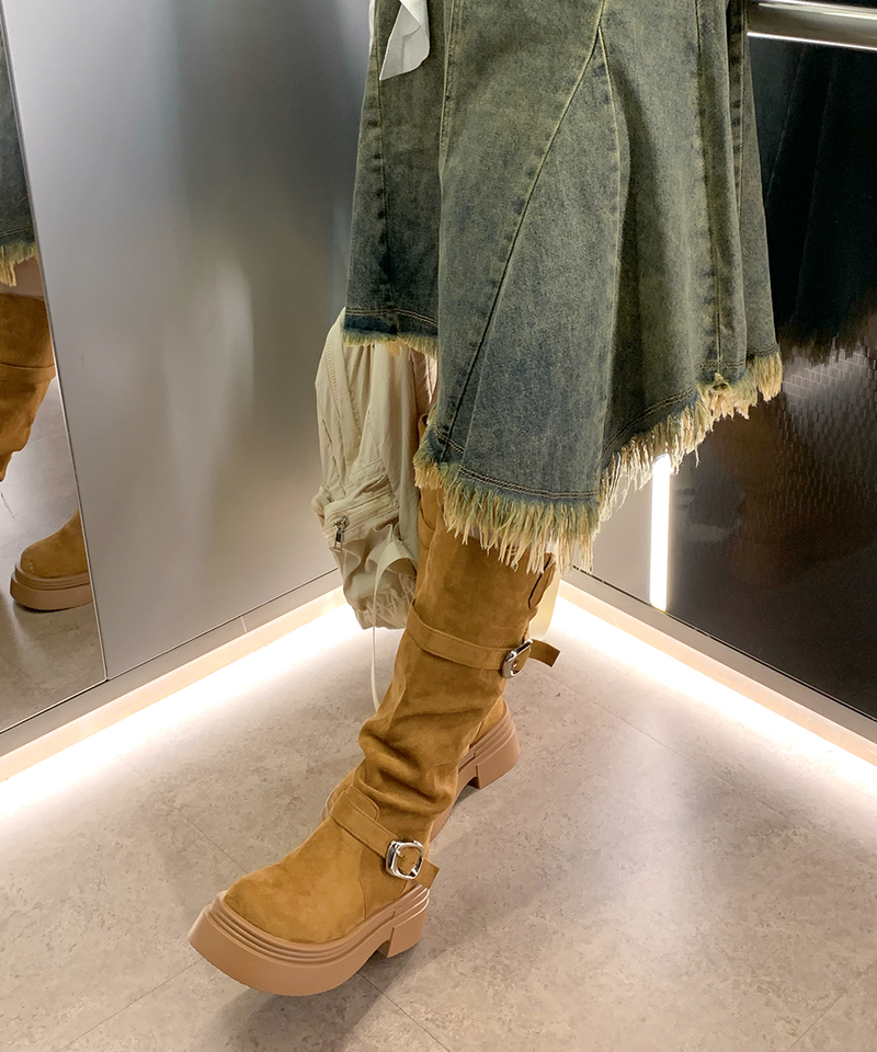line suede buckle slouch long bootS