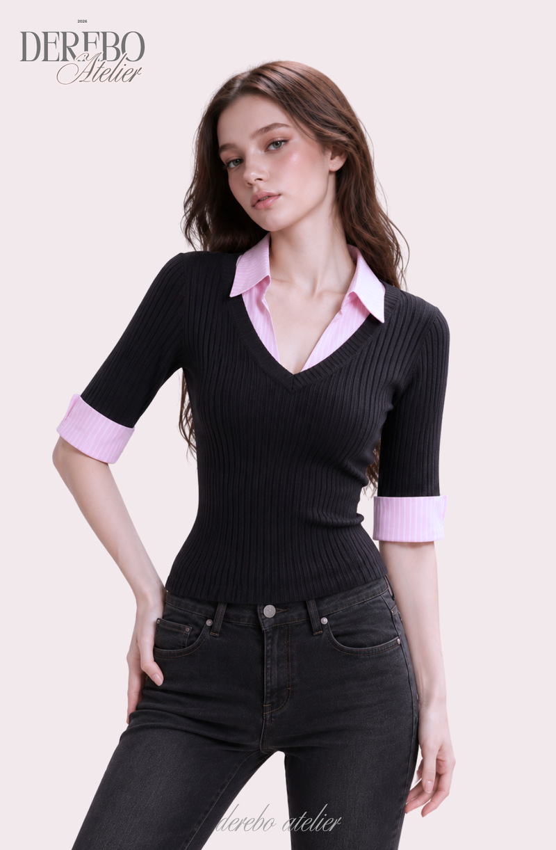 Pink black steady collar V top