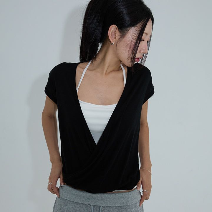 [Azner] Deep V-Neck Wrap Cap-Sleeve T-Shirt - 3 Colors