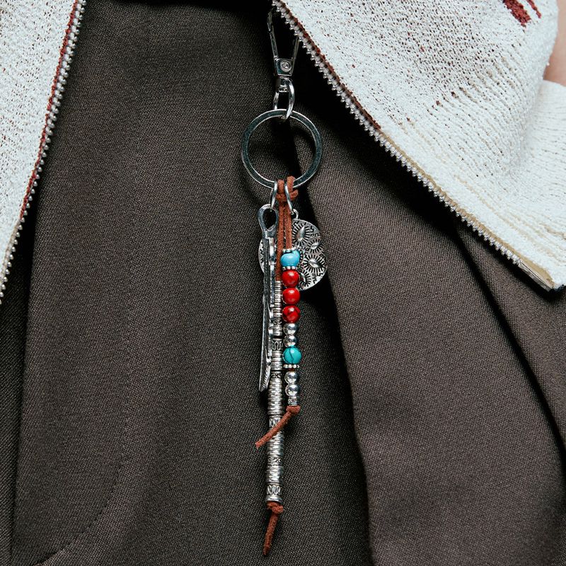 navajo feather & beads keyring brown