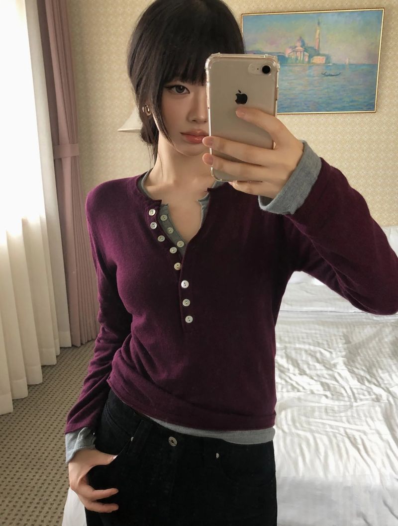 Chea Button V-Neck Long-Sleeve Knit