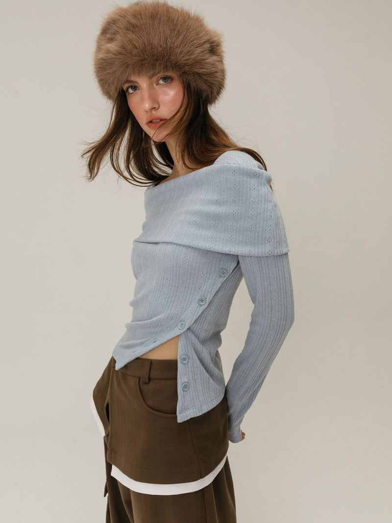 BUTTON OFF SHOULDER T-SHIRT / CHARCOAL