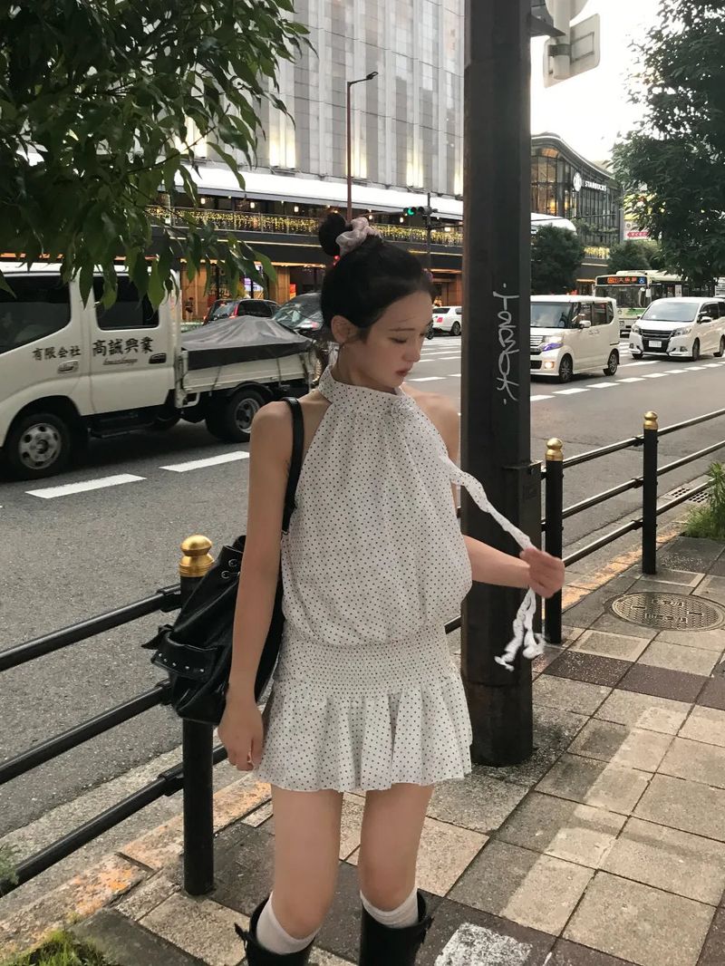 Atelier Dot Frill Haler Flare Mini Dress