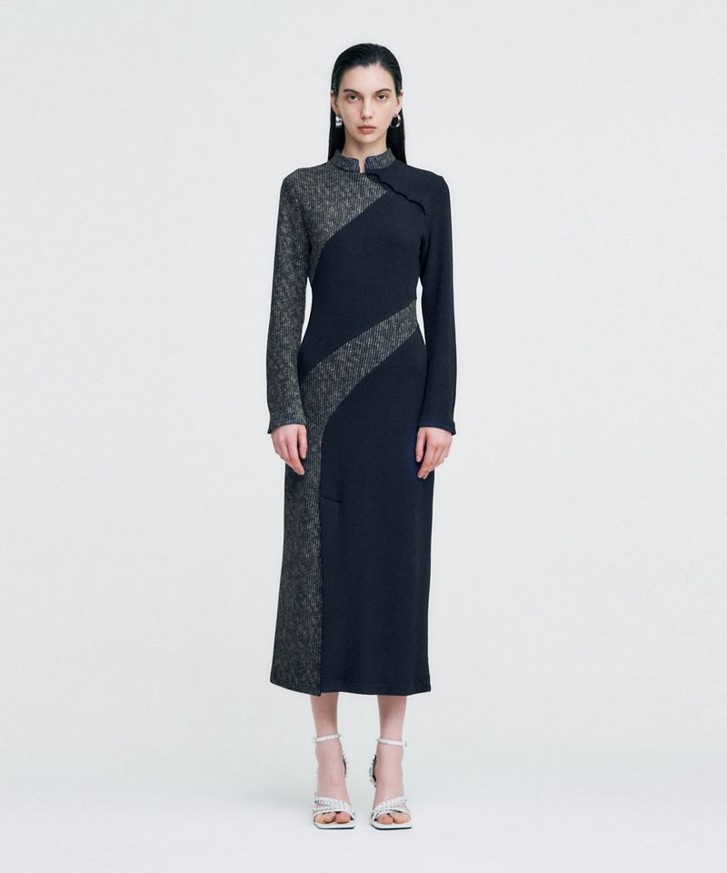 Melange Rib Panelled Long Dress _ NAVY