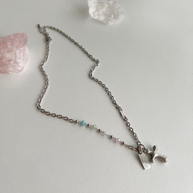 pit Pastel beads cross unique bold layered necklace
