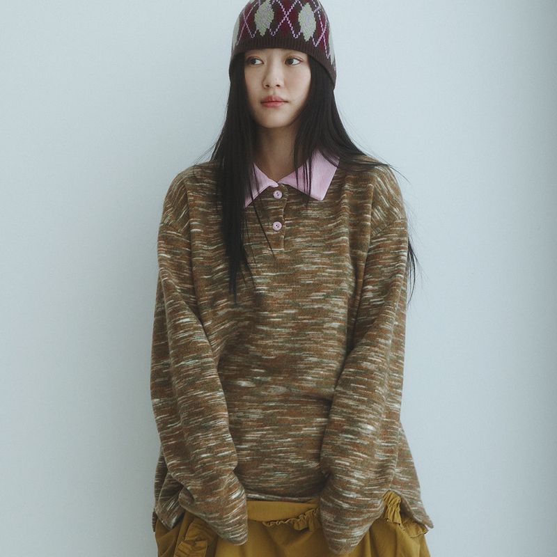 KOOKEESEE（クキシ）の「Marble Stripe Collar Tee (brown)（Tops）」