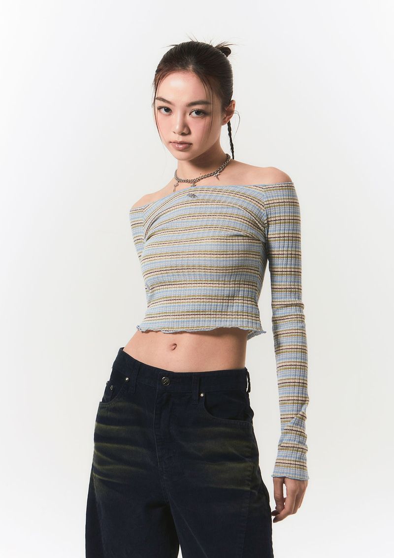 smooth off shoulder top - blue stripe