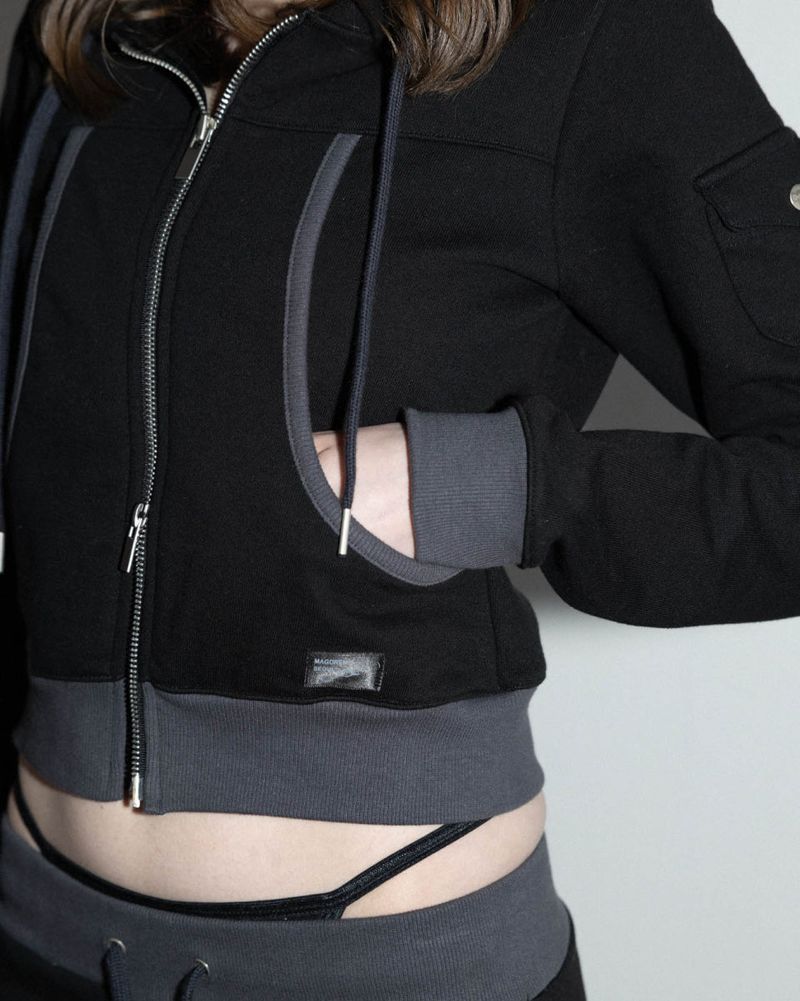 Cropped Hooded Zip-up Jacket Black x Charcoal