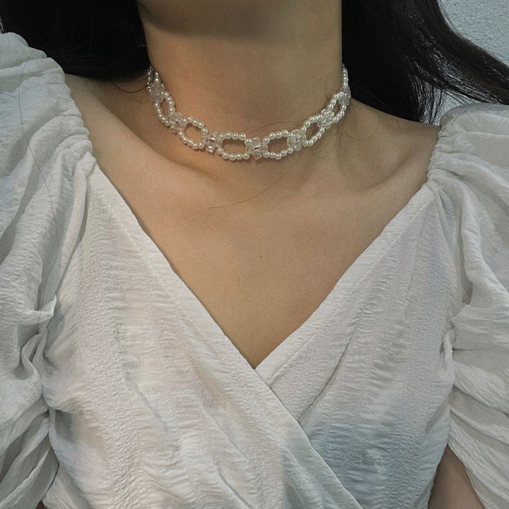 mix pearl ribbon tie choker