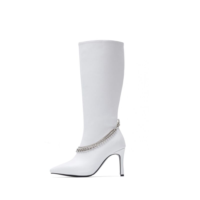 Chain Stiletto Boots Heel(White)