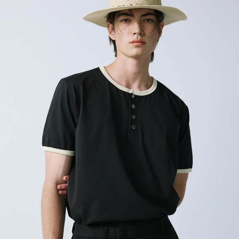 S SY(エスエスワイ)の「henley neck concho ringer t-shirt black(Tops)」