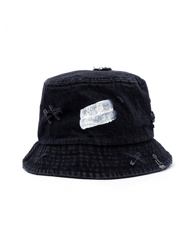 BLACKBLOND(ブラックブロンド)の「BBD Ripped Custom Smile Logo Denim Bucket Hat (Black)(Hats)」