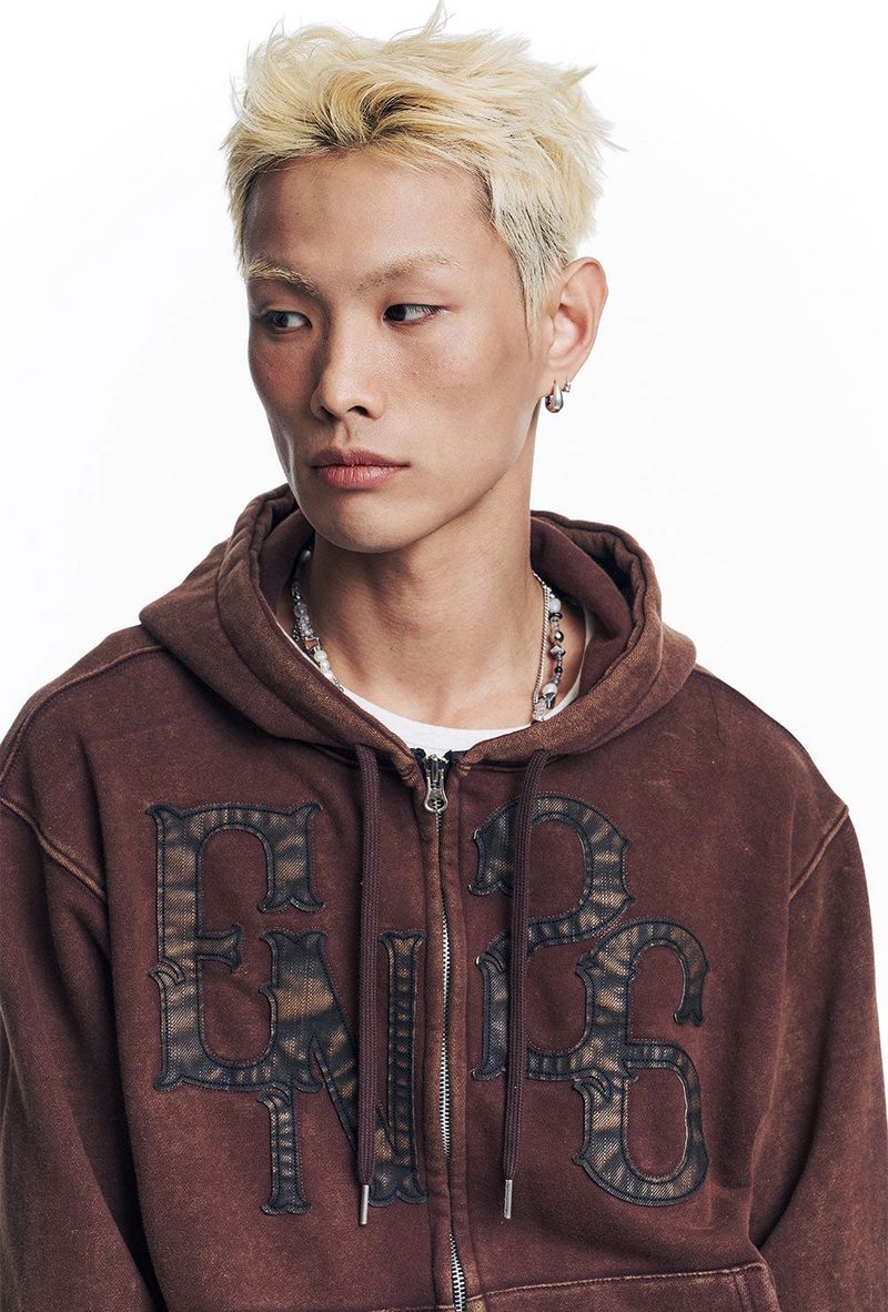 Washed Leather Patch Hooded Zip-Up - Brown
