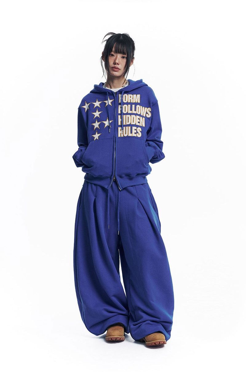 Star Lettering Patch Hoodie Zip-Up - Blue