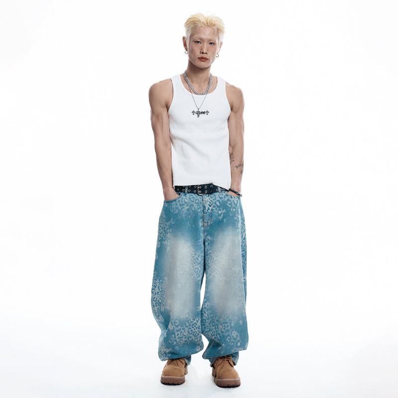 Sun Patch Leopard Balloon Denim Pants - LIGHT BLUE