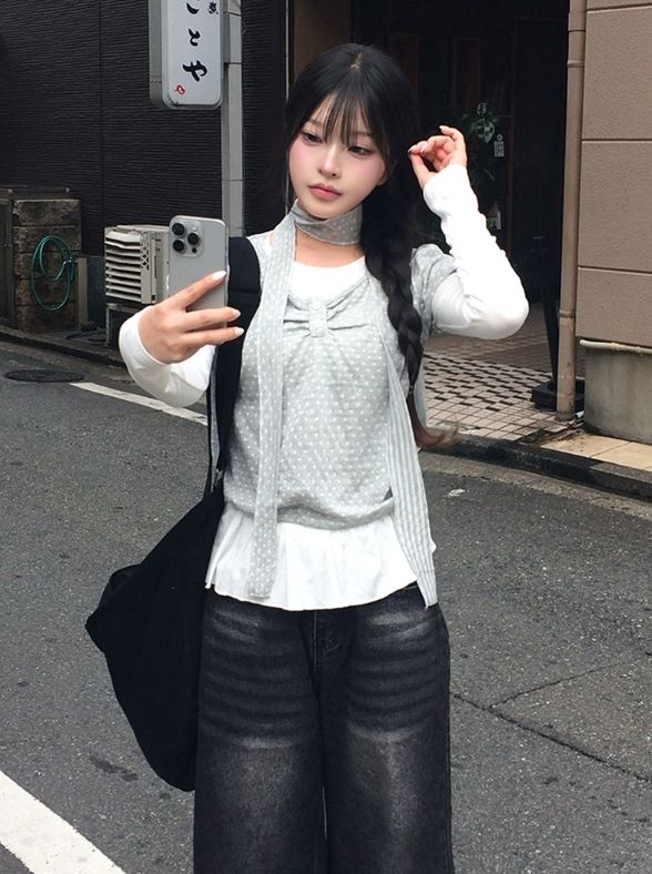 [3-piece Scarf set] ビューレン ドット レイヤード ボタン シャーリング ロングスリーブ Tシャツ