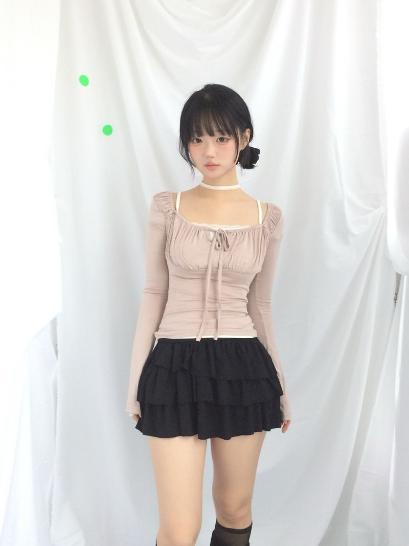 Slim Fit Ribbon Shirring Top