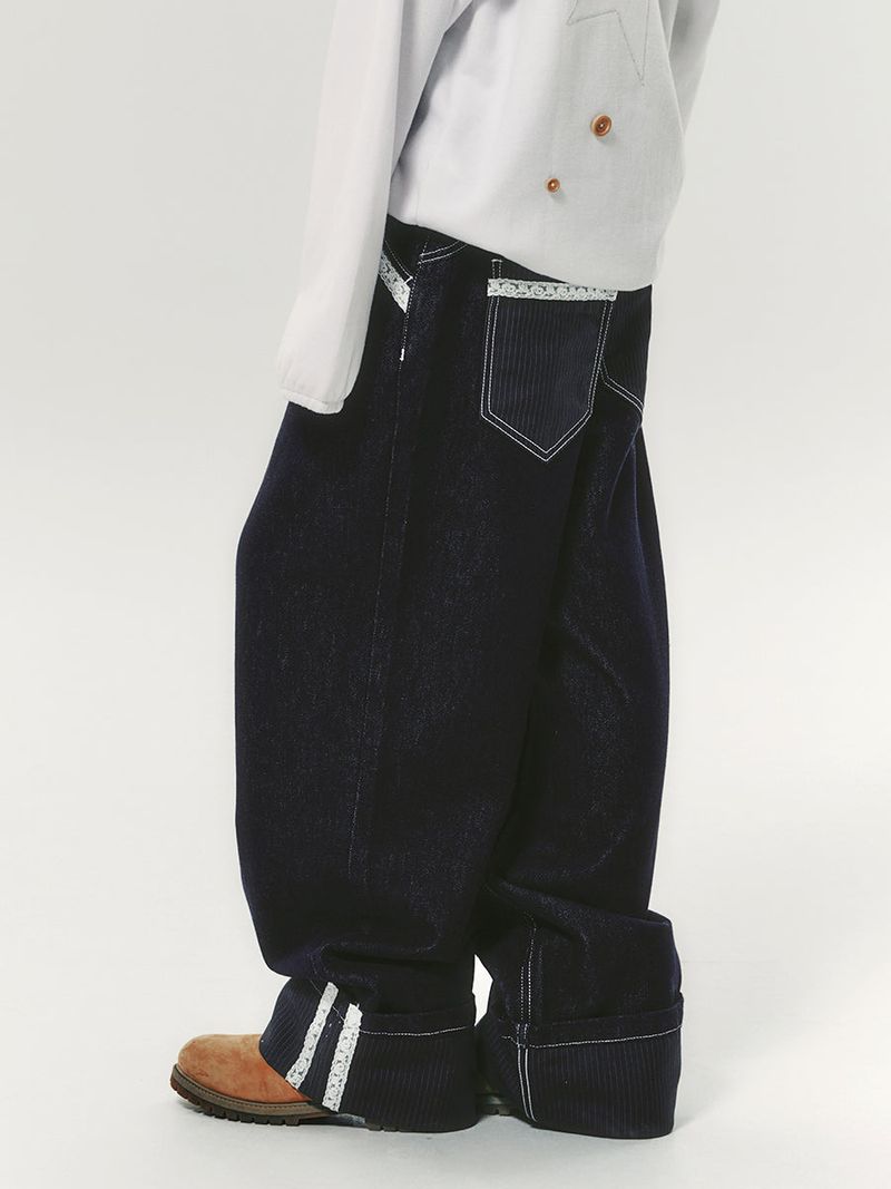 LACE ROLL UP DENIM PANTS BLUE
