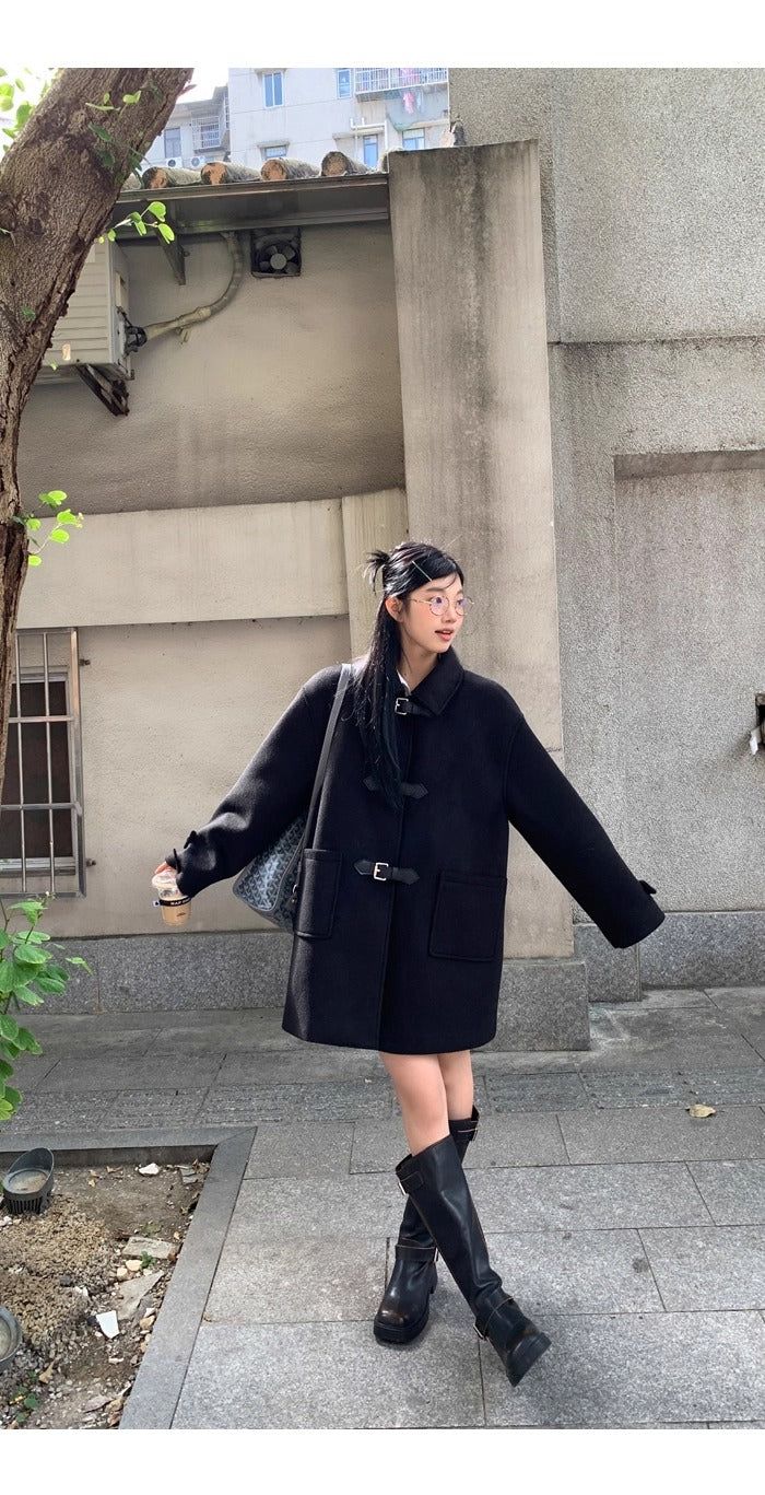 wool black collar buckle half coat