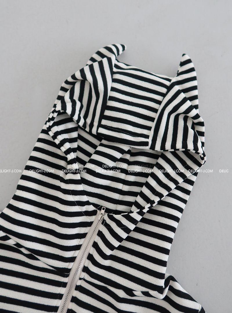 Angma Eared Hooded Stripe Zip-Up Jacket