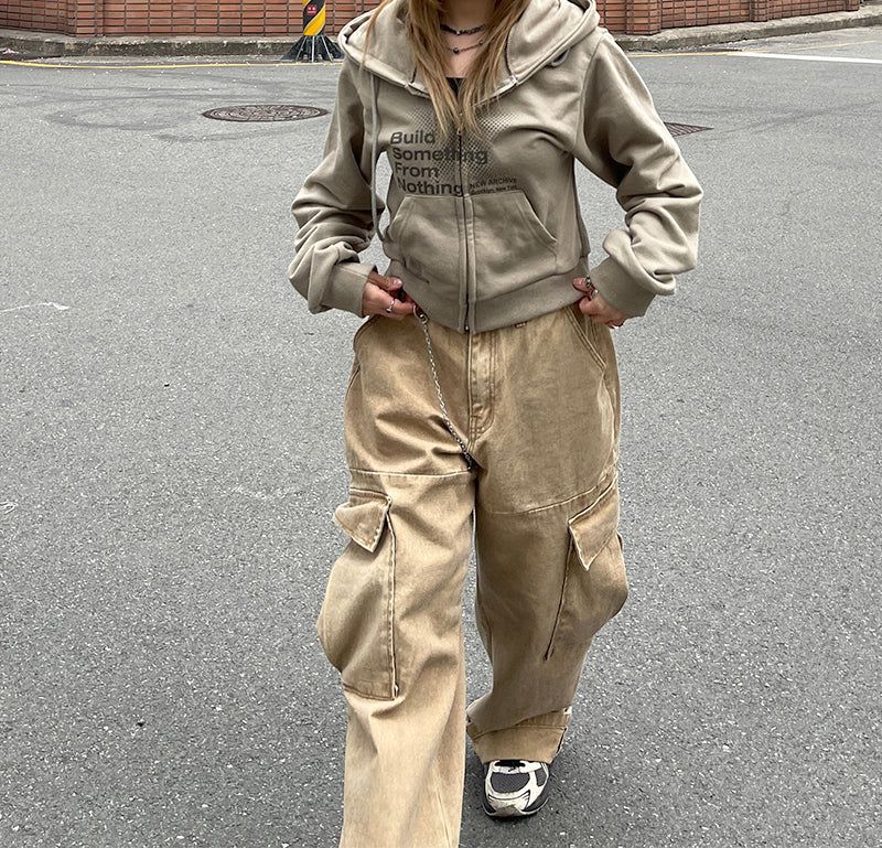 Ding denim slit wide cargo pants