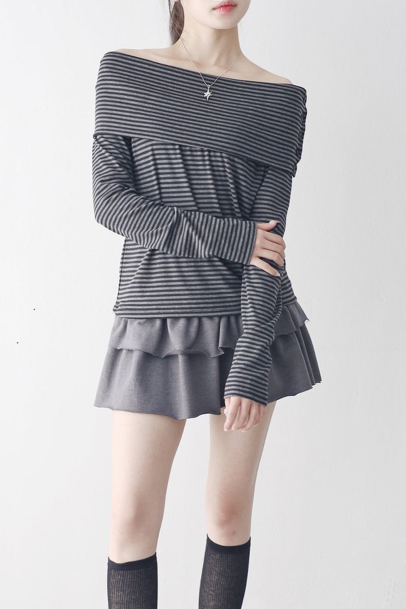 NONCODE（ノンコード）の「チャイブストライプオフショルダーTシャツ（トップス）」