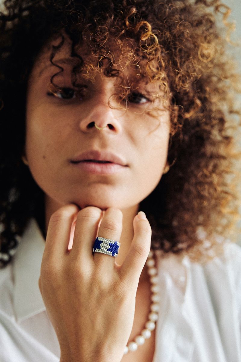 Blue Star Silver Beads Ring