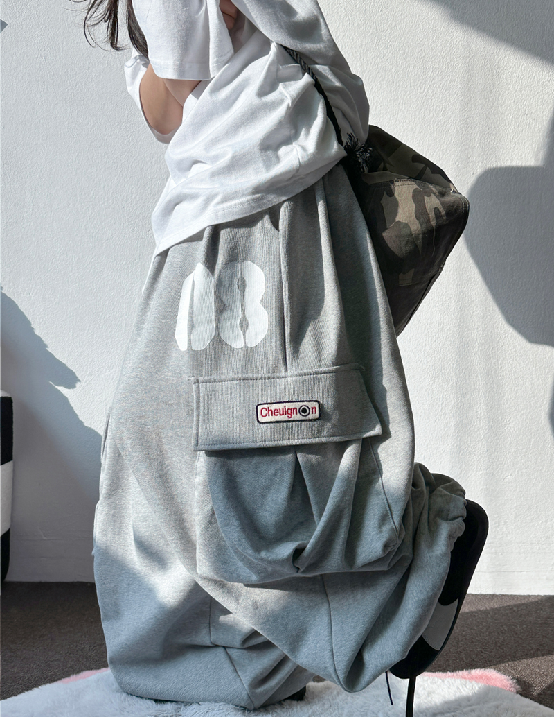 NUMBERING PATCH SWEAT BALLOON LOOSE WIDE CARGO PANTS 🩵🩶🖤 - 3 COLORS