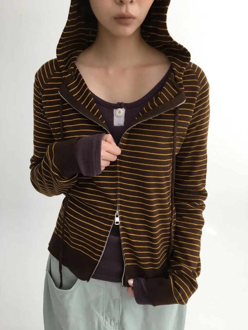 Bobby Striped Knit Zip-Up Hoodie (7color)