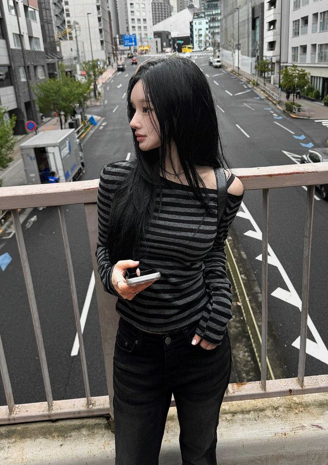 26SS★ [MADE] One-Shoulder Open Stripe Tee
