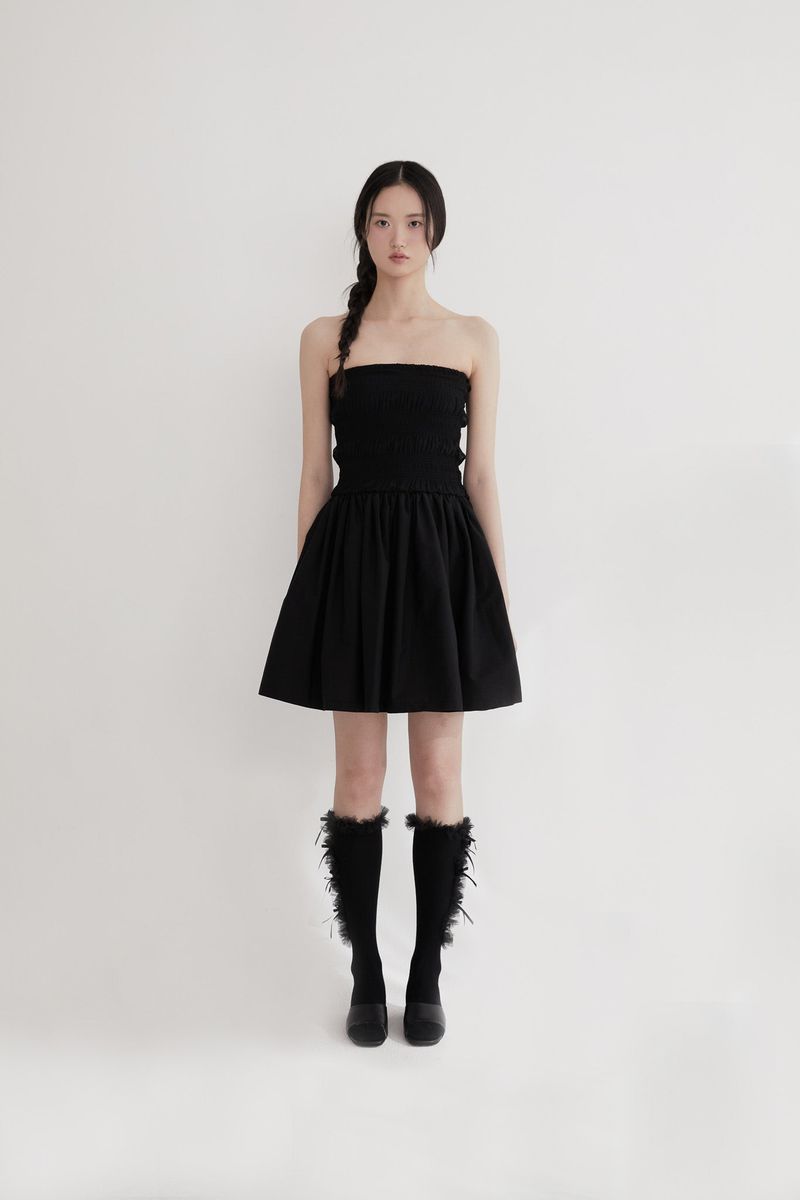 Chiffon smock shirring dress (BLACK)