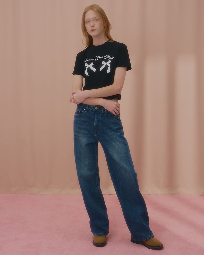 PRINCESS TWIN RIBBON CROP TSHIRT-BLACK