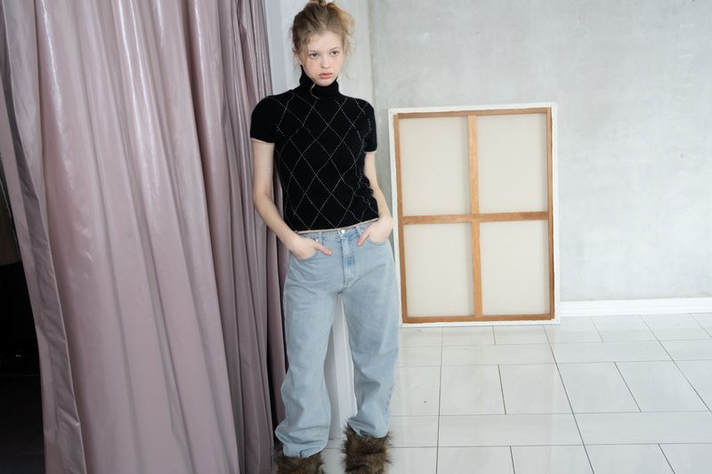 Argyle turtleneck half knit_black