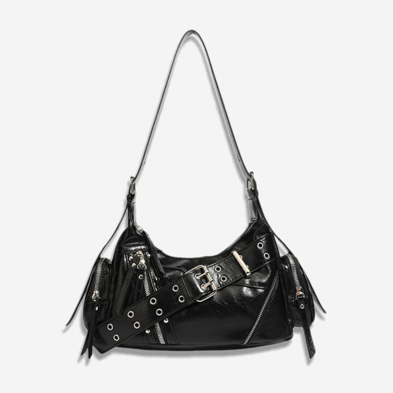 Studded Waxed Leather Motorcycle Shoulder Bag