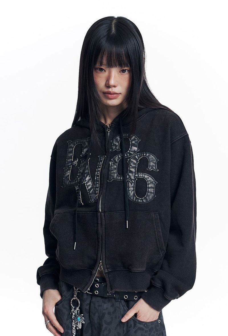 Washed Leather Patch Hooded Zip-Up - Black