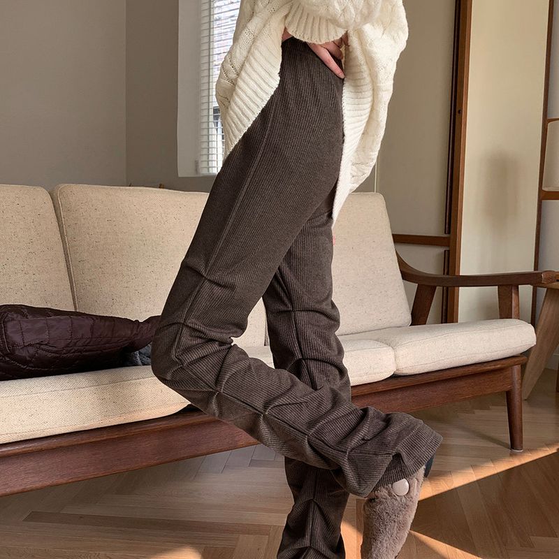 Felson ribbed layered pleated shirring slim long pants