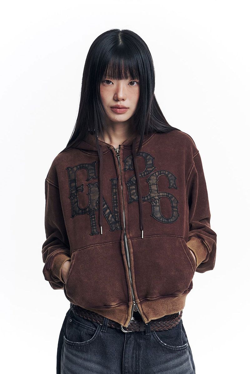 Washed Leather Patch Hooded Zip-Up - Brown