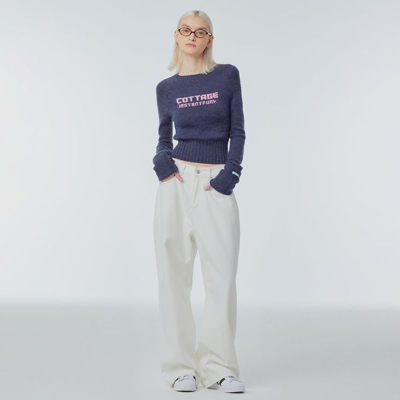 Cropped needlework wool-blend sweater