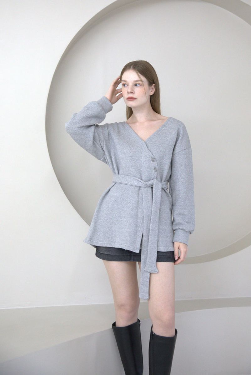 Offshoulder Wrap Strap Cardigan Gray